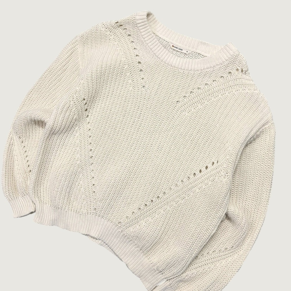 Marine Layer Womens Cream Cotton Pointelle Knit Crewneck Sweater Size M Olivia
